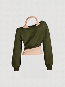 SHEIN MOD 女款不對稱領灰色二合一衛衣 秋冬款 - 軍綠色 - 查看 2
