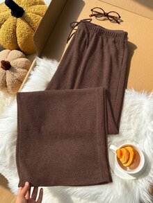 Comfortcana 秋冬棕色休閒百搭繫帶大尺碼長褲 - 棕色 - 查看 4