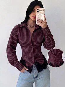 Firerie 女款酒紅色長袖襯衫，綁帶腰部後背設計，適合日常通勤、度假，修身版型，春夏秋冬四季穿著，優雅風格 - 酒紅色 - 查看 8