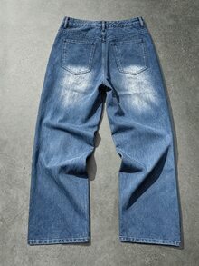 Manfinity Denimwave 男士街頭風哥德式十字印花黑白對比丹寧喇叭牛仔褲 - 中等水洗藍 - 查看 3