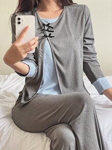 DAZY Women's Bowknot Decor Contrast Color Top And Pants Pajama Set - Grey - View 3