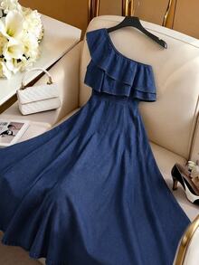 GlowEve Women's Minimalist Versatile Ruffle Trim One Shoulder Denim Dress - Dark Wash - View 3