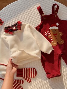 SHEIN 2pcs Baby Boy Autumn/Winter Plaid Shirt Collar Pullover Sweatshirt & Overalls Set, Sweatshirt Set, Overalls Set, Christmas Set, Red Set, Infant Set, Cute Set - Multicolor - View 8