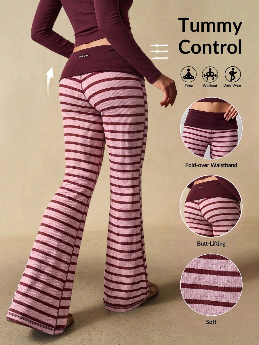 VARSIVA Women's Casual Striped Flared Pants With Waist Fold Over Leggings - Red - View 1