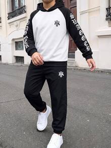 SHEIN 大童男孩字母印花插肩袖連帽衛衣與運動長褲休閒套裝 - 彩色 - 查看 4
