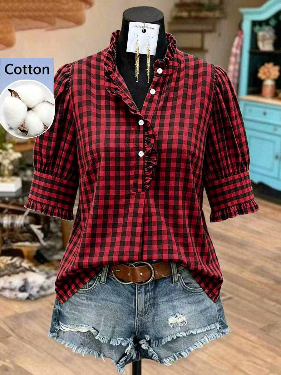 Linhara Plus Size Women's Summer Ruffle Trim Green Gingham Vacation Casual Style Blouses ,Green Gingham Top Plaid Top - Multicolor - View 1