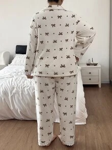 Napfluff CURVE Napfluff CURVE Plus Size Women Sweet Bow Print Coral Fleece Pajama Set - Multicolor - View 2
