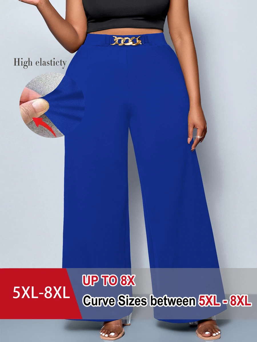 SHEIN CURVE+ Celana Wanita Plus Size Warna Polos dengan Detail Sabuk Kaki Lebar, Celana, Cocok untuk Semua Musim, Cocok untuk Pesta, Konser, Gaya Harian Komuter, Festival Musik, Romansa, Hari Valentine, Liburan - Royal Blue - View 1