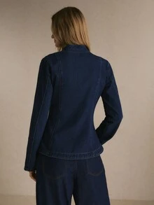 Poéselle Women's Fitted Tailored Denim Jacket With Gold Button Front And Curved Hem, Stand Collar - Dark Wash - View 2