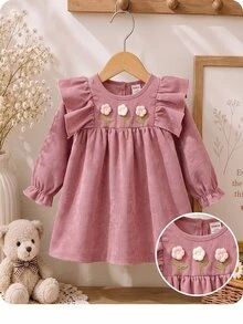 SHEIN Baby Girl Cute Casual Pink Corduroy Floral Pattern Dress - Pink - View 1