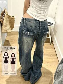Dazy Tall Women's Loose Street Style Button Pocket Denim Jeans - Medium Wash - View 1