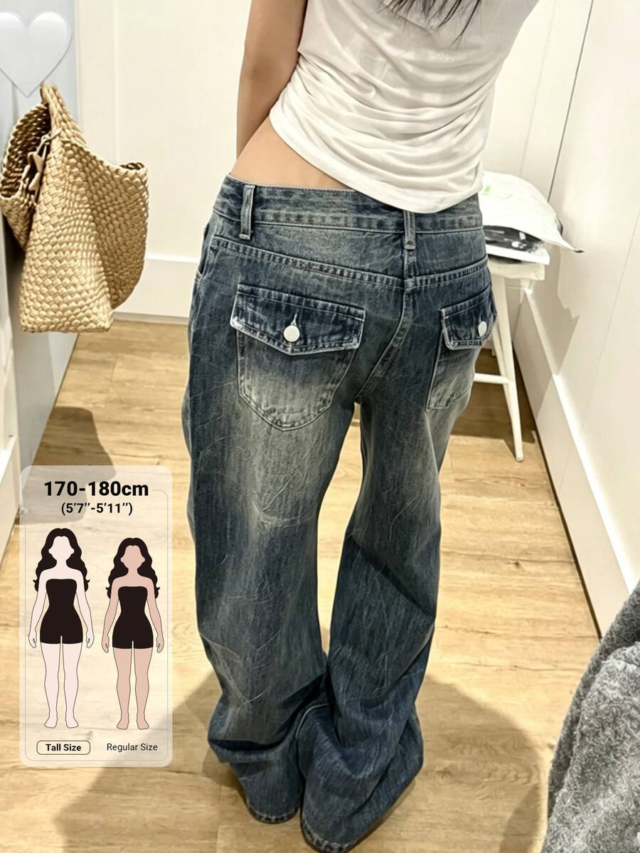 Dazy Tall Women's Loose Street Style Button Pocket Denim Jeans - Medium Wash - View 1