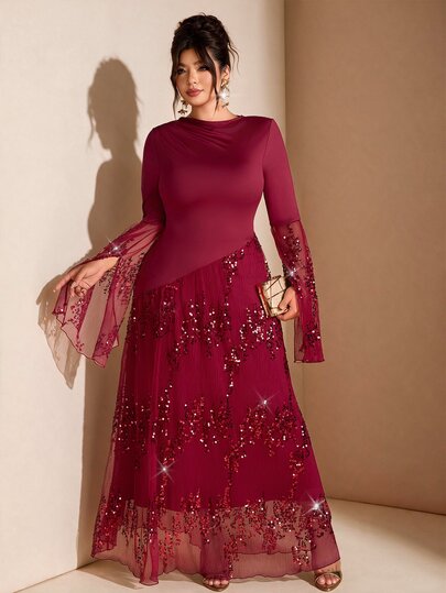 Cravure Women Plus Size Elegant Pleated Sequin Elastic Long Dress, Suitable For Banquet, Party Wear
