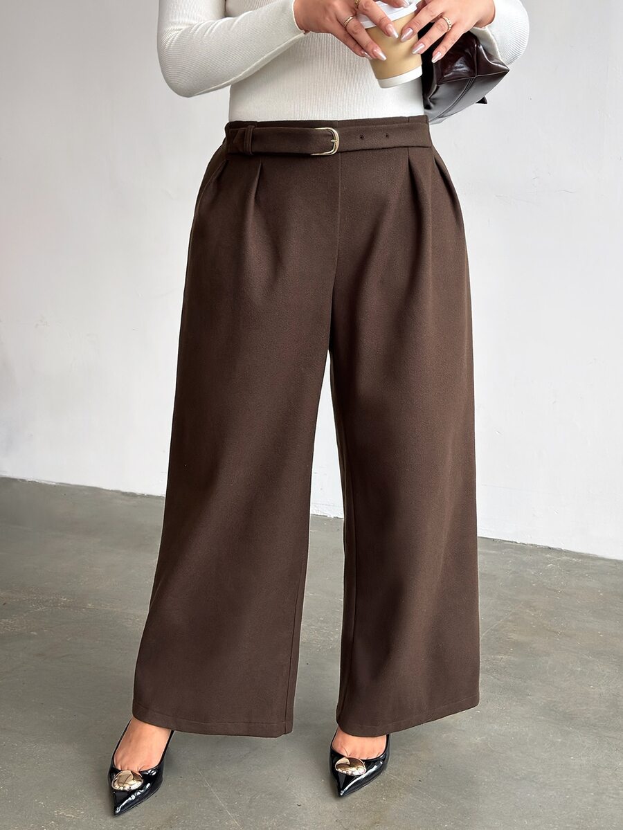 Firerie Plus Size Casual Elegant Metal Buckle Loose Pants - Brown - View 1