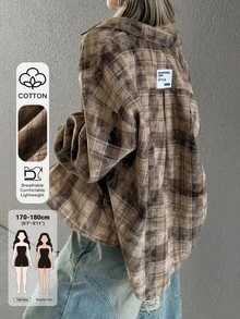 Dazy Tall Women's Plaid Loose Casual Shirt - Coffee Brown - View 1
