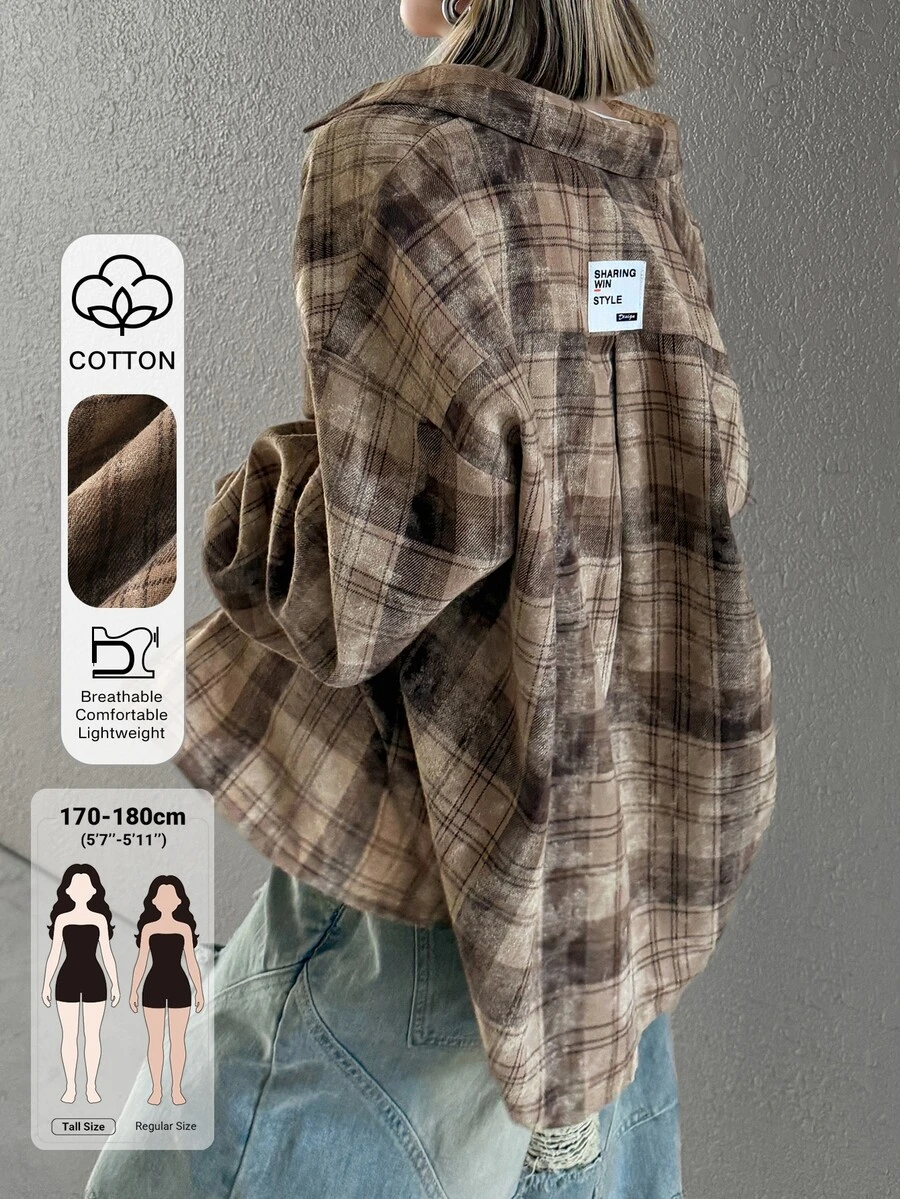 Dazy Tall Women's Plaid Loose Casual Shirt - Coffee Brown - View 1