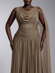 Elitara Elegant Grey Minimalist Sophisticated Cowl Neck Long Ribbon Pleated Design A-Line Skirt High Slit Maxi Dress Suitable For Wedding Events Holiday Parties Formal Evening Banquets Bridesmaid Gown - Brown - View 5