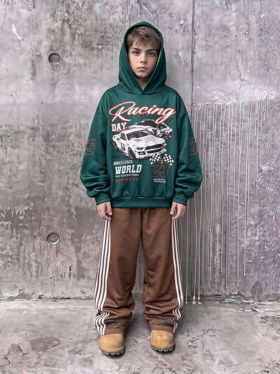SHEIN 2件組兒童青少年男孩休閒運動街頭塗鴉數字23賽車圖案連帽衛衣與喇叭褲套裝，適合秋季、學校、家庭聚會度假派對，秋季穿搭，冬季穿搭，男孩套裝