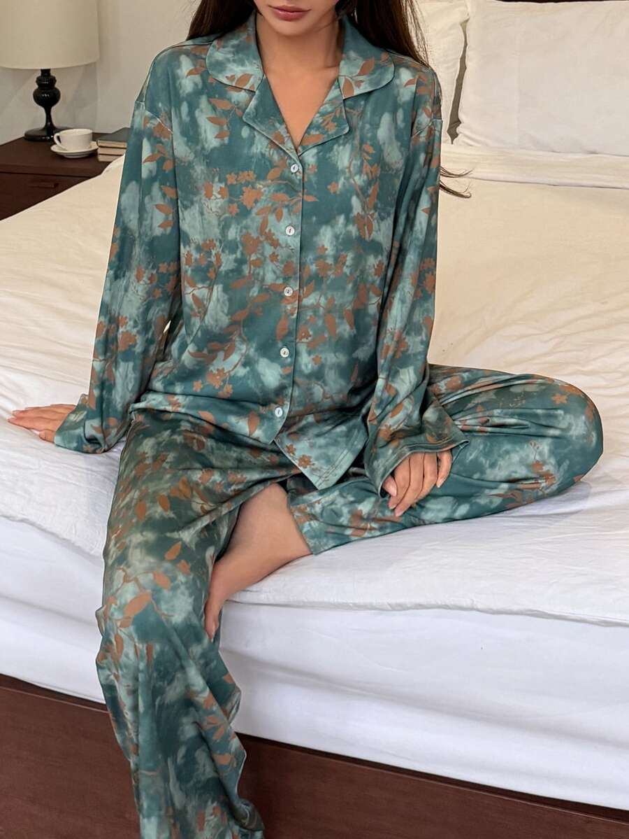DAZY 女款全印花長袖上衣與長褲休閒日常居家睡衣套裝 - 綠色 - 查看 1