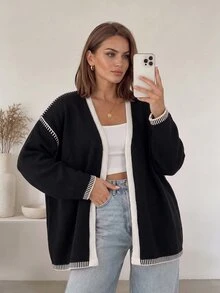 SHEIN LUNE Áo cardigan nữ size lớn phối màu, phong cách thường ngày, đa năng, mặc hàng ngày - Đen và trắng - Xem 1