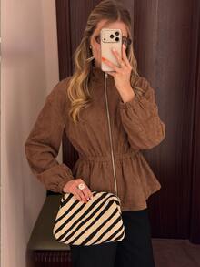 SHEIN SXY Elegant Fitted Long-Sleeved Brown Suede Jacket For Going Out. - Coffee Brown - View 6