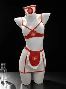 Dansine Sexy Red & White Nurse Cosplay Lingerie Set, 2-Piece - Red - View 1
