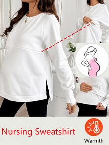 SHEIN Maternity Solid Color Nursing Function Casual Daily Long Sleeve Sweatshirt Winter - White - View 2