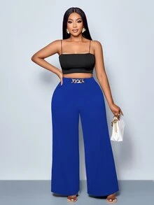 SHEIN CURVE+ Celana Wanita Plus Size Warna Polos dengan Detail Sabuk Kaki Lebar, Celana, Cocok untuk Semua Musim, Cocok untuk Pesta, Konser, Gaya Harian Komuter, Festival Musik, Romansa, Hari Valentine, Liburan - Royal Blue - View 3