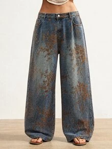 SHEIN MOD Women's Plus Size Floral Print Pocket Wide Leg Loose Fit Denim Jeans - Blue - View 4