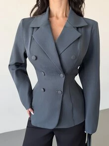 Firerie Blazer Wanita Abu-abu Gelap Kancing Ganda dengan Ikat Pinggang dan Kerah Ramping - Grey - View 3