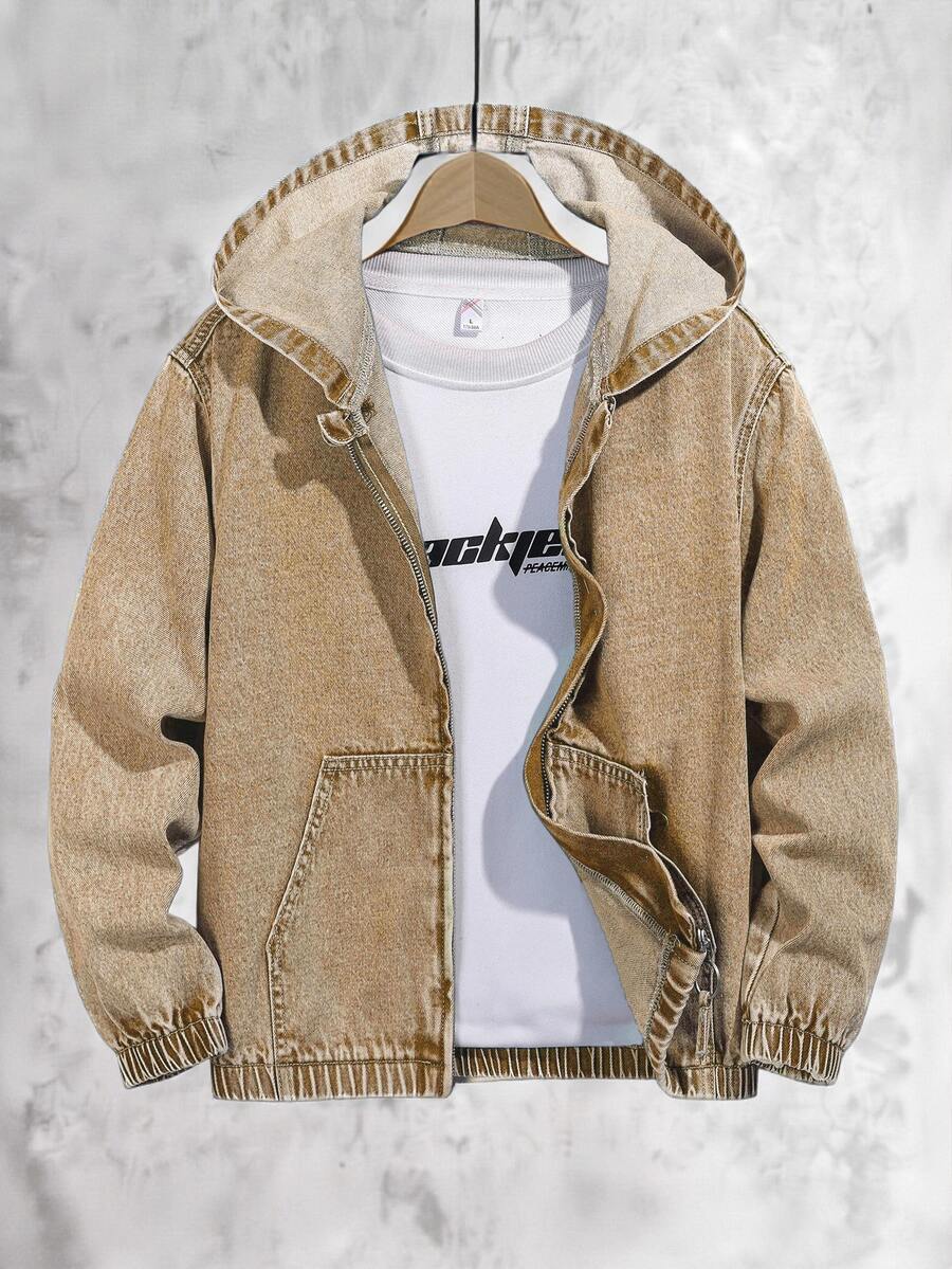 SHEIN Boys' New Autumn Vintage Khaki Washed Denim Hooded Jacket, High ...