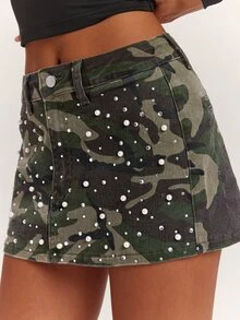 SHEIN BAE Rok Wanita Seksi Motif Kamuflase dengan Hiasan Berlian Imitasi - MultiWarna - View 6