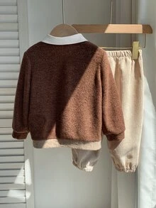 SHEIN 中性嬰兒男童幼兒秋冬休閒百搭拼接拼色2合1襯衫套裝，外套套裝 - 藏蓝色 - 查看 2