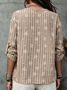 Ceyna Plus Size Women's French Casual Elegant Printed Striped Long Sleeve Shirt Fall - Apricot - View 2