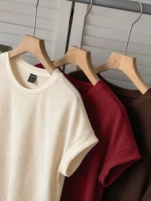 SHEIN LUNE Women's Casual Round Neck Dolman Sleeve Short T-Shirt 3pcs Set Suitable For Spring Summer Autumn - Multicolor - View 3