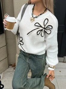 Livesso 女款白色圓領長袖麻花編織修身羅紋休閒毛衣，秋冬款 - 白色 - 查看 4