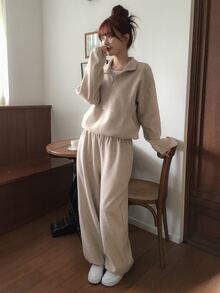DAZY Solid Color Loose-Fitting Zip-Up Pullover Long-Sleeved Sweatshirt And Pants With Drawstring, Casual Vacation Sports Korean Style Autumn And Winter Thickened Women's Two Pieces Set - Grey - View 1