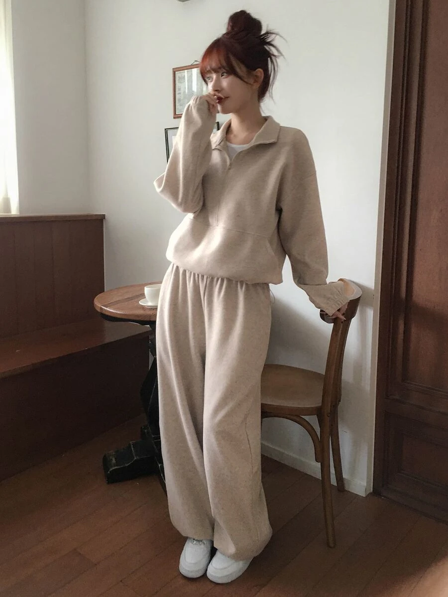 DAZY Solid Color Loose-Fitting Zip-Up Pullover Long-Sleeved Sweatshirt And Pants With Drawstring, Casual Vacation Sports Korean Style Autumn And Winter Thickened Women's Two Pieces Set - Grey - View 1