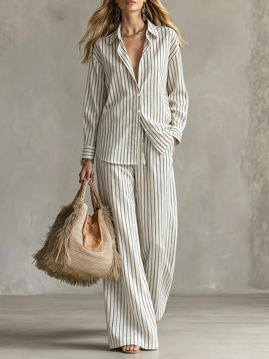 Trelyra Women's Striped Drop Shoulder Single-Breasted Shirt And Long Pants Casual Two Pieces Set - Black and White - View 1