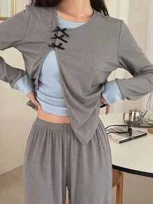 DAZY Women's Bowknot Decor Contrast Color Top And Pants Pajama Set - Grey - View 8