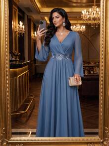 Auveirra Plus Size French Elegant 3D Floral Decor Long Sleeve Dress - Blue - View 4