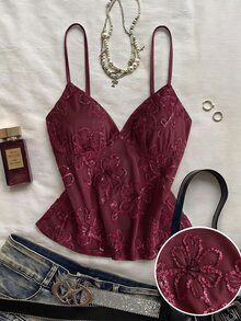 Attitoon Damen Tanktop, lässig minimalistisch Vintage elegant vielseitig Blau Pailletten bestickter Mesh-Stoff, Strandkleidung, Urlaubsoutfit, Damen Sommeroutfit - Bordeaux - Übersicht 1