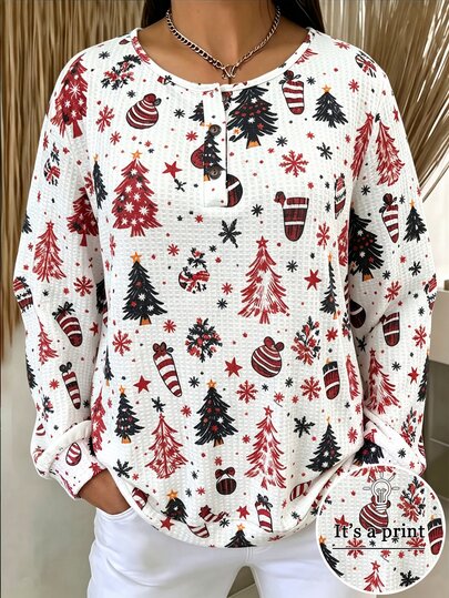 Linhara CURVE Women Plus Size Collared Long Sleeve Casual Printed Sweatshirt, Autumn Winter Outdoor Wear
