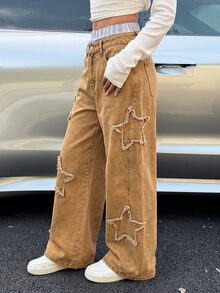 SHEIN MOD Women's Vintage Street Style Applique Embroidery Button Loose Fit Denim Jeans - Khaki - View 4