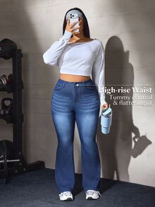 Flexra Festival Plus Size Women Blue Stretch Sexy Skinny Flare Jeans - Dark Wash - View 8