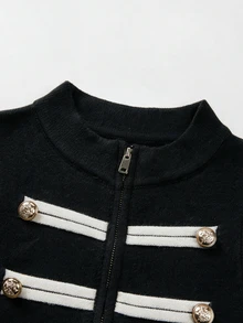 SHEIN 新款春秋拿破崙軍風雙排扣針織背心女款 立領全開襟拉鍊短袖 S - 黑與白 - 查看 5