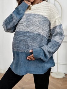 SHEIN Maternity Colorblock Round Neck Dropped Shoulder Long Sleeve Casual Sweater - Blue - View 3
