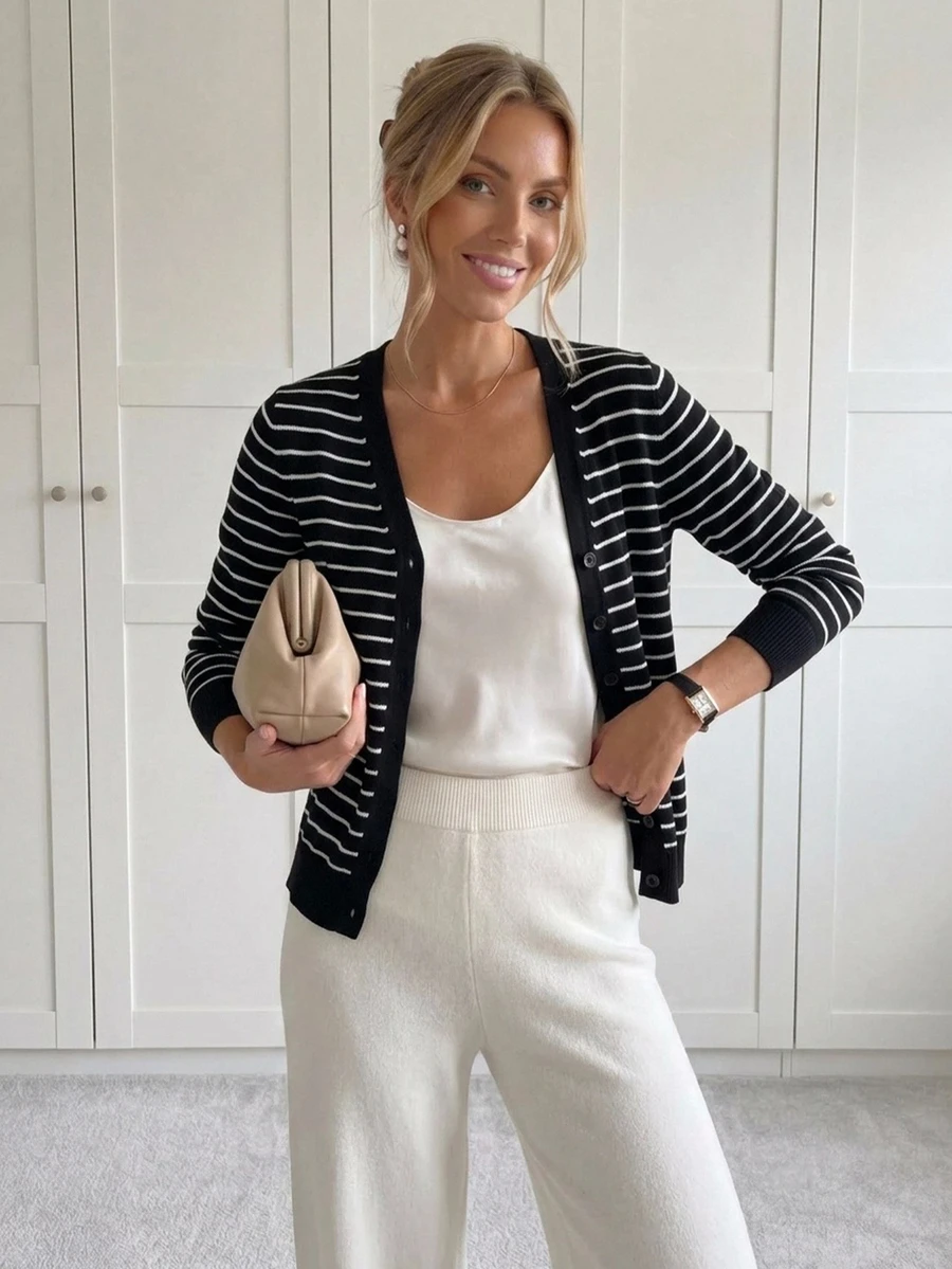 Easowa Casual Black & White Striped Knit Cardigan Suitable For Autumn/Winter - Black and White - View 1