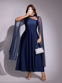 Viva Relle Plus Size Women's Halter Neck Sequin Sleeve Waist-Cinching Slimming Dress For Party, Autumn/Winter - Royal Blue - View 5