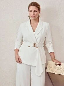 MOTF PREMIUM PLUS SIZE WOMEN'S ASYMMETRIC PLACKET MINIMALIST PROFESSIONAL BLAZER, DETACHABLE BELT - White - View 5